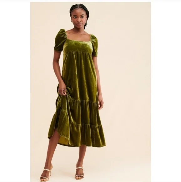 Anthropologie Somerset Velvet Green Tiered Elegant Olive Green Velvet Dress